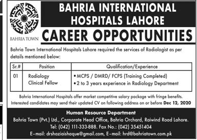 Bahria International Hospitals Jobs 2020