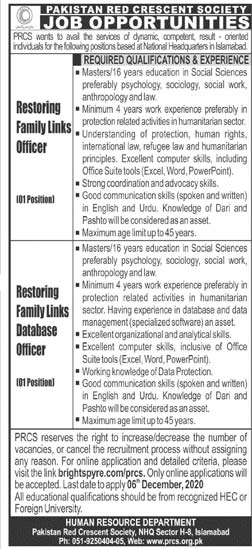 Pakistan Red Crescent Society PRCS Jobs 2020 