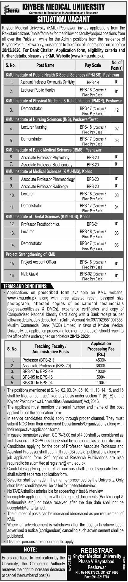Khyber Medical University KMU Jobs 2020